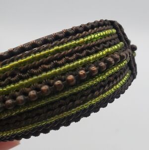 Handwoven Brown and Lime Green Beaded Clamp Bangle Bracelet Copper Tone Brass